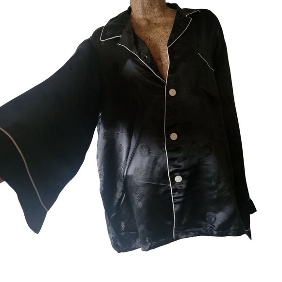 Vtg Black Silk Pajama Shirt With White Piping SIze 46 - Picture 2 of 10